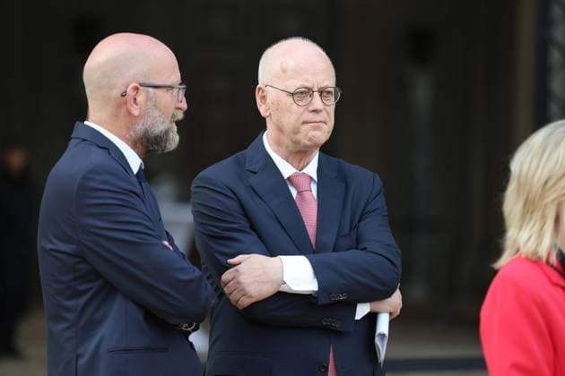 Germany: M100 Media Award in Potsdam Brandenburg: The photo shows the former Defense Minister Rudolf Scharping and Moritz van Dülmen before the M100 Media Award ceremony in the Orangery Sanssouci in Potsdam Potsdam Brandenburg Germany Copyright: SimonexKuhlmey