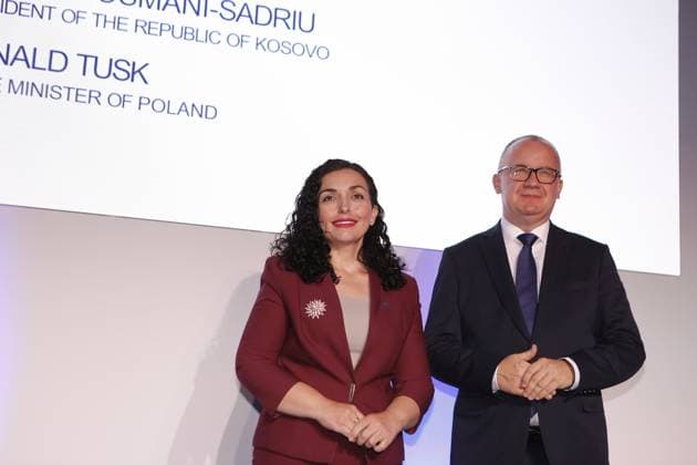 Germany: M100 Media Award in Potsdam Brandenburg:Brandenburg: M 100 Media Award 2024 ceremony in the Orangery Sanssouci in Potsdam. The photo shows the President of the Republic of Kosovo, Dr. Vjosa Osmani-Sadriu and, on behalf of the Prime Minister of the Republic of Poland, the Minister of Justice Professor Adam Bodnar Potsdam Brandenburg Germany Copyright: SimonexKuhlmey