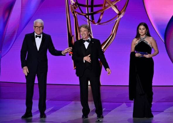 (L-R) Steve Martin, Martin Short, and Selena Gomez appear onstage during the 76th annual Primetime Emmy Awards at the Peacock Theater in Los Angeles on Sunday, September 15, 2024.  LAP2024091503 JIMxRUYMEN
