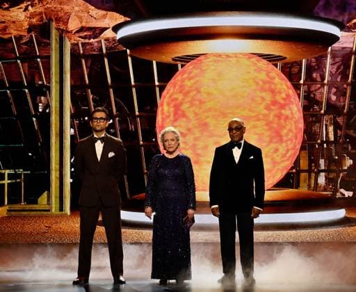 (L-R) Antony Starr, Kathy Bates, and Giancarlo Esposito appear onstage during the 76th annual Primetime Emmy Awards at the Peacock Theater in Los Angeles on Sunday, September 15, 2024.  LAP2024091537 JIMxRUYMEN
