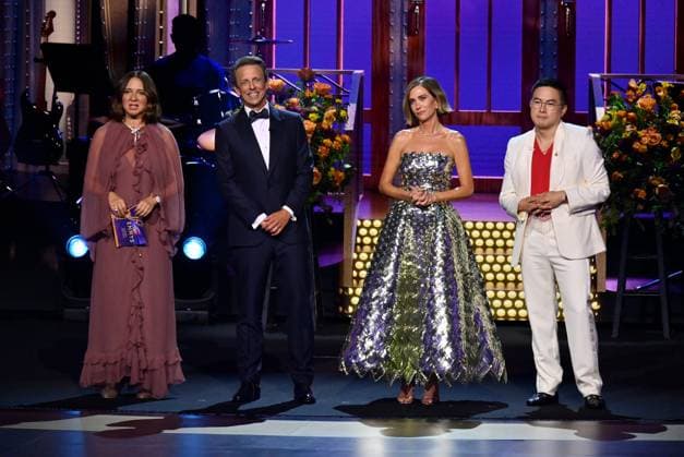 (L-R) Maya Rudolph, Seth Meyers, Kristen Wiig, and Bowen Yang appear onstage during the 76th annual Primetime Emmy Awards at the Peacock Theater in Los Angeles on Sunday, September 15, 2024.  LAP2024091550 JIMxRUYMEN