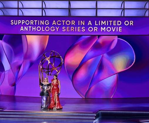 (L-R) Nicola Coughlan and Nava Mau appear onstage during the 76th annual Primetime Emmy Awards at the Peacock Theater in Los Angeles on Sunday, September 15, 2024.  LAP2024091581 JIMxRUYMEN