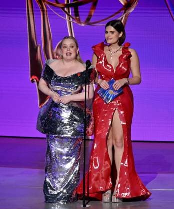 (L-R) Nicola Coughlan and Nava Mau appear onstage during the 76th annual Primetime Emmy Awards at the Peacock Theater in Los Angeles on Sunday, September 15, 2024.  LAP2024091582 JIMxRUYMEN