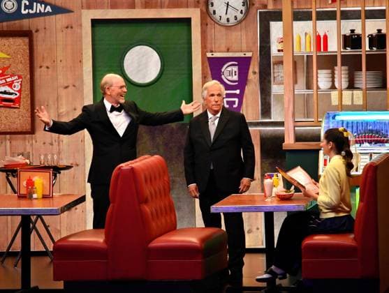 (L-R) Ron Howard and Henry Winkler appear onstage during the 76th annual Primetime Emmy Awards at the Peacock Theater in Los Angeles on Sunday, September 15, 2024.  LAP2024091596 JIMxRUYMEN