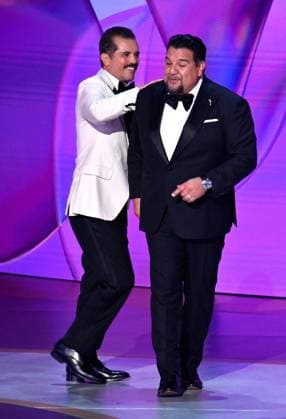 (L-R) John Leguizamo and Cris Abrego, Television Academy Chair appear onstage during the 76th annual Primetime Emmy Awards at the Peacock Theater in Los Angeles on Sunday, September 15, 2024.  LAP20240915113 JIMxRUYMEN