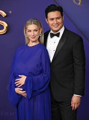 (L-R) Briga Heelan and Rene Gube arrive for the 76th annual Primetime Emmy Awards at the Peacock Theater in Los Angeles on Sunday, September 15, 2024.  LAP202409150780 CHRISxCHEW
