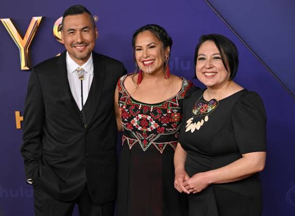 (L-R) James Johnson, Princess Daazhraii Johnson and Cathy Tagnak Rexford arrive for the 76th annual Primetime Emmy Awards at the Peacock Theater in Los Angeles on Sunday, September 15, 2024.  LAP202409150810 CHRISxCHEW
