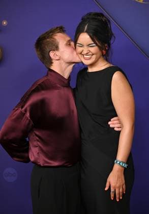 (L-R) Finn Bennett and Anna Lambe arrive for the 76th annual Primetime Emmy Awards at the Peacock Theater in Los Angeles on Sunday, September 15, 2024.  LAP202409150820 CHRISxCHEW
