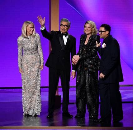 (L-R) Catherine O Hara, Eugene Levy, Annie Murphy, and Dan Levy appear onstage during the 76th annual Primetime Emmy Awards at the Peacock Theater in Los Angeles on Sunday, September 15, 2024.  LAP20240915189 JIMxRUYMEN