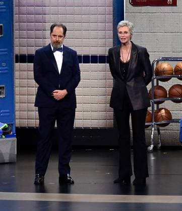 (L-R) Brendan Hunt and Jane Lynch appear onstage during the 76th annual Primetime Emmy Awards at the Peacock Theater in Los Angeles on Sunday, September 15, 2024.  LAP20240915192 JIMxRUYMEN