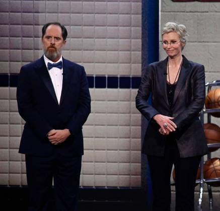(L-R) Brendan Hunt and Jane Lynch appear onstage during the 76th annual Primetime Emmy Awards at the Peacock Theater in Los Angeles on Sunday, September 15, 2024.  LAP20240915194 JIMxRUYMEN
