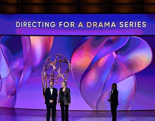 (L-R) Brendan Hunt and Jane Lynch appear onstage during the 76th annual Primetime Emmy Awards at the Peacock Theater in Los Angeles on Sunday, September 15, 2024.  LAP20240915195 JIMxRUYMEN