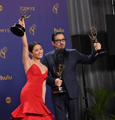 (L-R) Anna Sawai holds her Emmy for the Outstanding Lead Actress in a Drama Series award and Hiroyuki Sanada holds his Emmy for the Outstanding Lead Actor in a Drama Series award for Shogun ,backstage during the 76th annual Primetime Emmy Awards at the Peacock Theater in Los Angeles on Sunday, September 15, 2024.  LAP20240915923 CHRISxCHEW