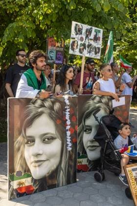 Toronto Second Anniversary Mahsa Amini Death Supporters participate in a protest marking the second anniversary of Mahsa Amini s death in memory of the Iranian victims of the Woman, Life, Freedom Movement in Toronto, Canada, on September 15, 2024. The nationwide protests started in Iran after the death of Mahsa Jina Amini, a 22-year-old girl who died under the custody of the Islamic Republic s Morality Police on September 16th, 2022, in Tehran. Toronto Ontario Canada Copyright: xPouriaxAfkhamix