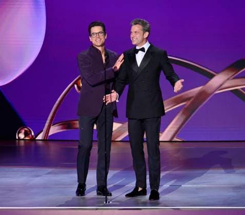 Matt Bomer (L) and Joshua Jackson appear onstage during the 76th annual Primetime Emmy Awards at the Peacock Theater in Los Angeles on Sunday, September 15, 2024.  LAP2024091504009 JIMxRUYMEN