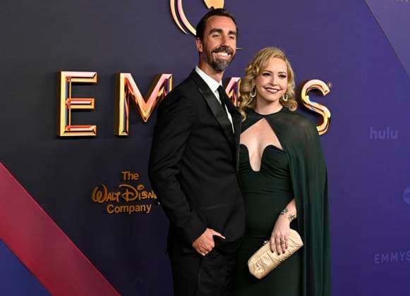Matt Spelich and Natalie Sandy arrive for the 76th annual Primetime Emmy Awards at the Peacock Theater in Los Angeles on Sunday, September 15, 2024.  LAP202409150375 ALEXxGALLARDO