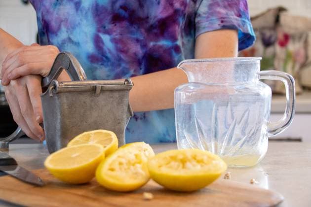 Hands using a vintage lemon squeezer with fresh lemons Kelowna, British Columbia, Canada R_PESF240914G-1499773-01 ,model released, Symbolfoto