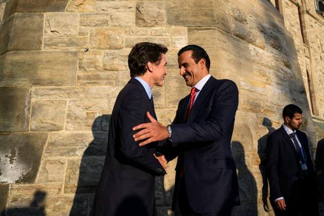 September 17, 2024, Ottawa, On, CAN: Prime Minister Justin Trudeau, left, greets Sheikh Tamim Bin Hamad Al Thani, Emir of Qatar, before a meeting in his office on Parliament Hill in Ottawa, on Tuesday, Sept. 17, 2024. Ottawa CAN - ZUMAc35_ 20240917_zaf_c35_095 Copyright: xJustinxTangx