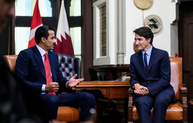 September 17, 2024, Ottawa, On, CAN: Prime Minister Justin Trudeau, right, meets with Sheikh Tamim Bin Hamad Al Thani, Emir of Qatar, in his office on Parliament Hill in Ottawa, on Tuesday, Sept. 17, 2024. Ottawa CAN - ZUMAc35_ 20240917_zaf_c35_097 Copyright: xJustinxTangx