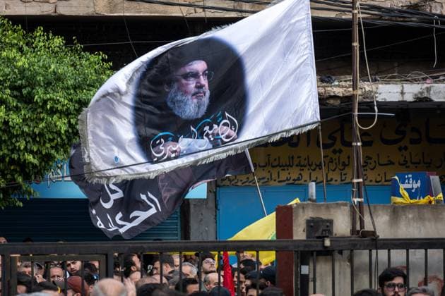 Pagers Attack Victims Funeral By Hezbollah - Beirut Portrait of Hassan Nasrallah seen during funeral organized by Hezbollah for four victims killed in the explosions of pagers or paging devices in an unprecedented attack on Lebanon and Syria, in Ghobeiri area, in Beirut s southern suburb, Lebanon, on September 18, 2024. Photo by Ammar Abd Rabbo ABACAPRESS.COM Beirut Lebanon  Copyright: xAbdxRabboxAmmar ABACAx