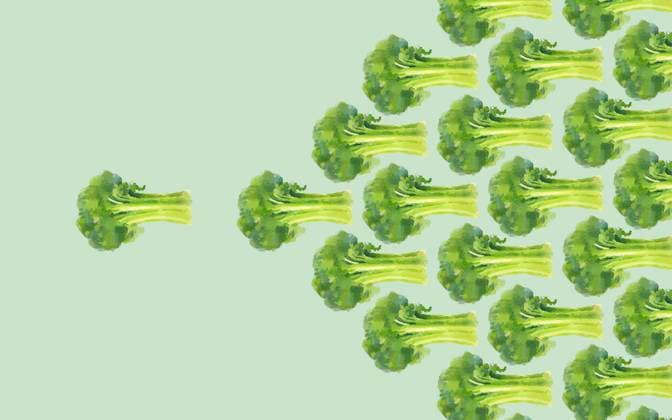 A single broccoli floret leads a group, forming an arrow shape, symbolizing healthy leadership and direction. Multiple heads of broccoli arranged in a pattern on a pastel green background. sham00577 Copyright: xConnectxImagesx ,property released