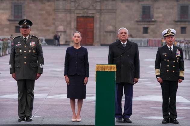 September 19, 2024, Mexico, Mexico, USA: President Andro s Manuel Lo³pez Obrador and President-elect Claudia Sheinbaum pose during the half-mast raising prior to the the anniversary of the September 19 Earthquakes on Thursday, September 19, 2024 in Mexico City, Mexico. On September 19, 1985 an 8.1 magnitude earthquake with epicenter in the State of Michoacan, caused severe damages in various cities, mainly in the capital of the country, Mexico City. 32 years later on the same day of 2017, a 7.1 magnitude earthquake struck the central part of the nation, including Mexico City. OCTAVIO GOMEZ PINA PI Mexico USA - ZUMAp124 20240919_zaa_p124_001 Copyright: xOctavioxGomezxPinax