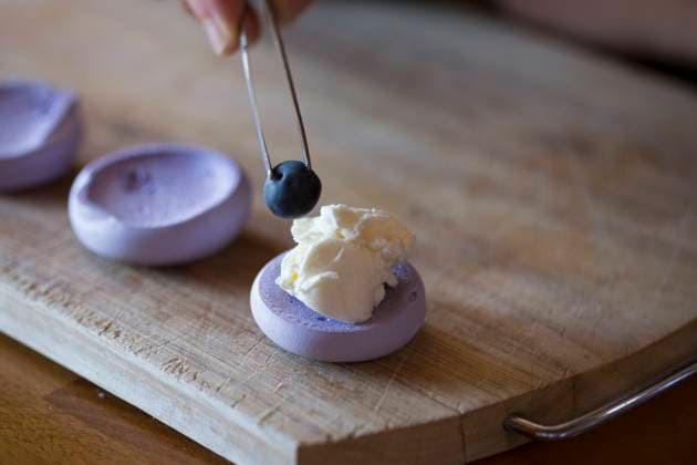 Hand of woman with tweezers adding blueberry in meringue model released, Symbolfoto, MEGF00456