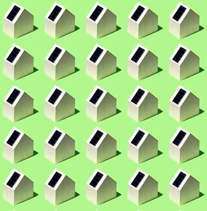 A creative representation of multiple small model houses, each equipped with a solar panel, arranged in a grid pattern on a vibrant green background Model Released SergioVictorVega_ID23939_694371_003 Copyright: xSergioxVictorxVegax RECORD DATE NOT STATED