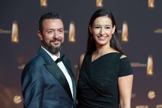 Pinar ATALAY, presenter, with husband Red Carpet, Red Carpet Show, Arrival, arrival, German Television Award Ceremony, The German Television Award 2024, German Television Award 2024 at MMC Studios Cologne, on 25 09 2024