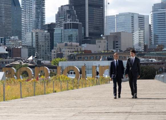 September 26, 2024, Montreal, Pq, Canada: French President Emmanuel Macron, left, and Prime Minister Justin Trudeau arrive at the Port off Montreal Thursday, September 26, 2024 in Montreal. Montreal Canada  - ZUMAc35_ 20240926_zaf_c35_203 Copyright: xRyanxRemiorzx