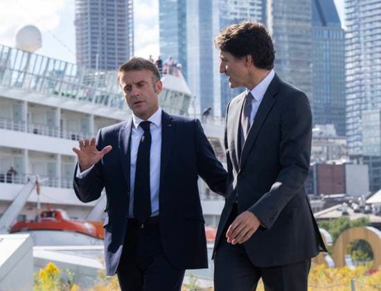 September 26, 2024, Montreal, Pq, Canada: French President Emmanuel Macron, left, and Prime Minister Justin Trudeau arrive at the Port of Montreal Thursday, September 26, 2024 in Montreal. Montreal Canada  - ZUMAc35_ 20240926_zaf_c35_204 Copyright: xRyanxRemiorzx