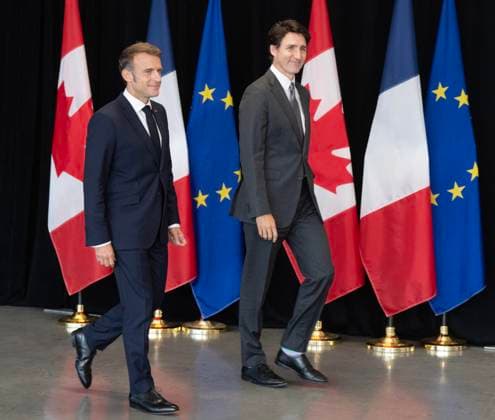September 26, 2024, Montreal, Pq, Canada: French President Emmanuel Macron and Prime Minister Justin Trudeau arrive at a joint news conference in Montreal on Thursday, September 26, 2024. Montreal Canada  - ZUMAc35_ 20240926_zaf_c35_265 Copyright: xRyanxRemiorzx