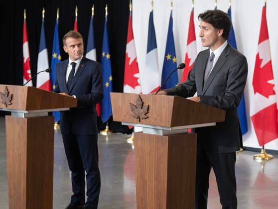September 26, 2024, Montreal, Pq, Canada: French President Emmanuel Macron and Prime Minister Justin Trudeau hold a joint news conference in Montreal on Thursday, September 26, 2024. Montreal Canada  - ZUMAc35_ 20240926_zaf_c35_267 Copyright: xRyanxRemiorzx