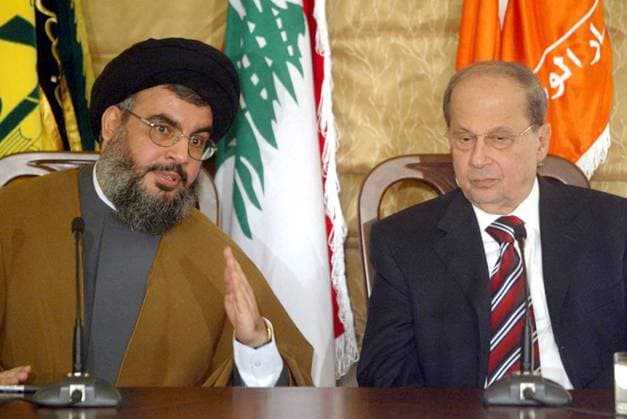 Israeli Military Says Hezbollah Leader Hassan Nasrallah Killed File photo - The secretary general of the Lebanese Hizbullah party, Hassan Nasrallah, and the leader of the Free National Trend, Michael Aoun, reached a document of understanding between the two sides following unprecedented meeting between the two leaders in Saint Michael church in al-Shayah area in the southern district of Beirut, on February 6, 2006. The Israeli military claims that Hassan Nasrallah, secretary-general of Hezbollah, was killed in Friday’s airstrike in Beirut, Lebanon. Hezbollah has not yet commented. Photo by Balkis Press ABACAPRESS.COM Beirut Lebanon  Copyright: xBalkisxPress ABACAx
