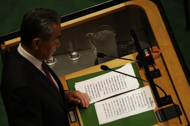 News Themen der Woche KW39 September 28, 2024, New York, New York, USA: WANG YI, Special Representative of President Xi and Minister of Foreign Affairs for China, reads from his notes during the fifth day of theGeneral Debate of the 79th UN General Assembly. New York USA - ZUMAo116 20240928_znp_o116_035 Copyright: xBiancaxOterox