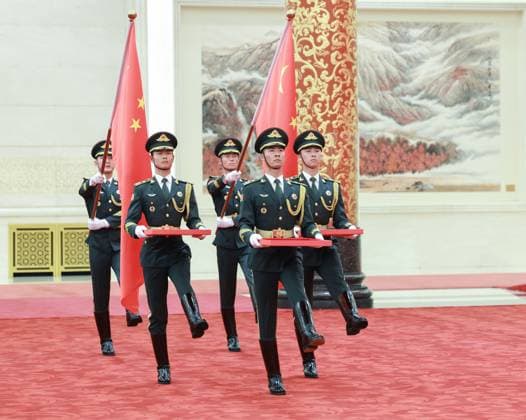 (240929) -- BEIJING, Sept. 29, 2024 -- Guard of honor escorting the national medals and honorary titles enter the venue of the presentation ceremony at the Great Hall of the People in Beijing, capital of China, Sept. 29, 2024. China held a high-profile ceremony on Sunday morning to award the highest state honors ahead of the 75th founding anniversary of the People s Republic of China. ) (FOCUS)CHINA-BEIJING-HIGHEST STATE HONORS-CEREMONY (CN) WangxYe 