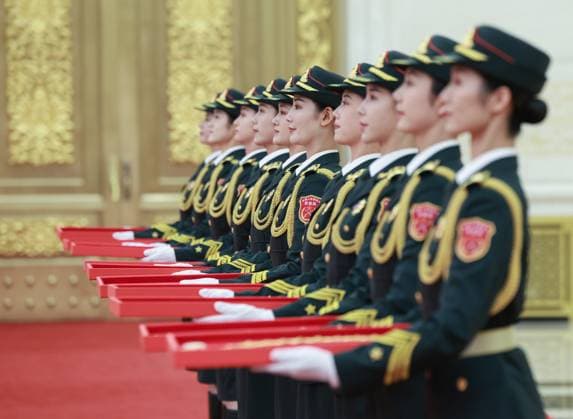 (240929) -- BEIJING, Sept. 29, 2024 -- Guard of honor are pictured at the venue of the presentation ceremony at the Great Hall of the People in Beijing, capital of China, Sept. 29, 2024. China held a high-profile ceremony on Sunday morning to award the highest state honors ahead of the 75th founding anniversary of the People s Republic of China. ) (FOCUS)CHINA-BEIJING-HIGHEST STATE HONORS-CEREMONY (CN) WangxYe 