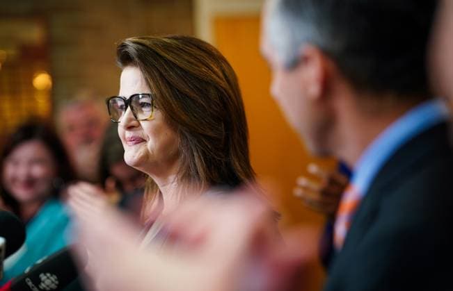 October 1, 2024, Regina, Sk, Canada: Saskatchewan NDP Leader Carla Beck looks on while speaking to the media during a launch her partyöÄÃ s election campaign in Regina, Tuesday, Oct. 1, 2024. Regina Canada  - ZUMAc35_ 20241001_zaf_c35_056 Copyright: xHeywoodxYux