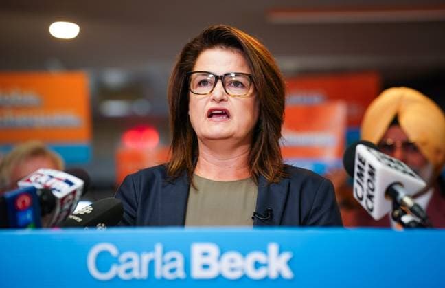 October 1, 2024, Regina, Sk, Canada: Saskatchewan NDP Leader Carla Beck speaks to the media to launch her partyöÄÃ s election campaign in Regina, Tuesday, Oct. 1, 2024. Regina Canada  - ZUMAc35_ 20241001_zaf_c35_057 Copyright: xHeywoodxYux