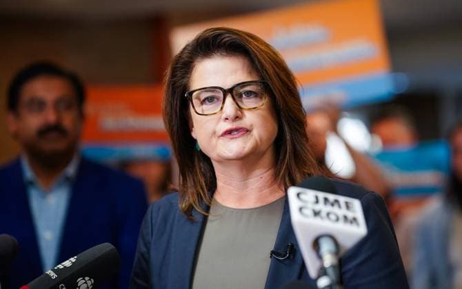 October 1, 2024, Regina, Sk, Canada: Saskatchewan NDP Leader Carla Beck speaks to the media to launch her partyöÄÃ s election campaign in Regina, Tuesday, Oct. 1, 2024. Regina Canada  - ZUMAc35_ 20241001_zaf_c35_059 Copyright: xHeywoodxYux