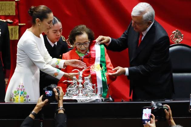 Outgoing President Andres Manuel Lopez Obrador and President of the Chamber of Deputies Ifigenia MartoÂ­nez during the symbolic act of handing over the presidential sash to Claudia Sheinbaum Pardo as the new female president of Mexico during the inauguration ceremony at the Congress of the Union. on October 1, 2024 in Mexico City, Mexico. Mexico City Mexico - ZUMAe321 20241001_zia_e321_035 Copyright: xCarlosxSantiagox