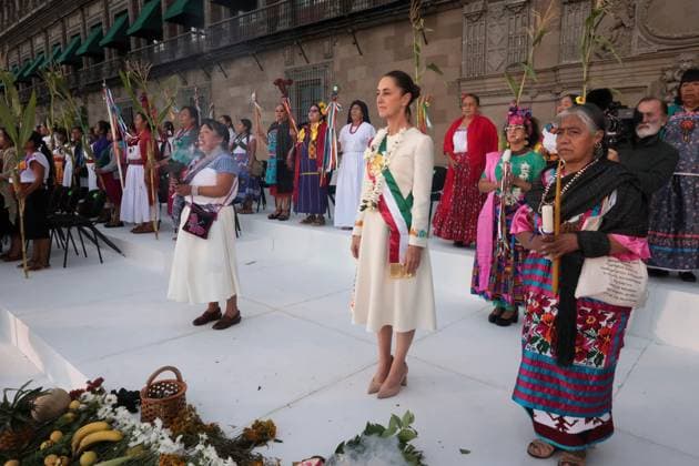 October 1, 2024, Mexico, Mexico, USA: President Claudia Sheinbaum speaks during a ceremony in which she received a ceremonial staff from indigenous people at the Zocalo Square in Mexico City on Tuesday, October 1, 2024, in Mexico City. PRESIDENCIA POOL PI Mexico USA - ZUMAp124 20241001_zaa_p124_040 Copyright: xPresidenciax