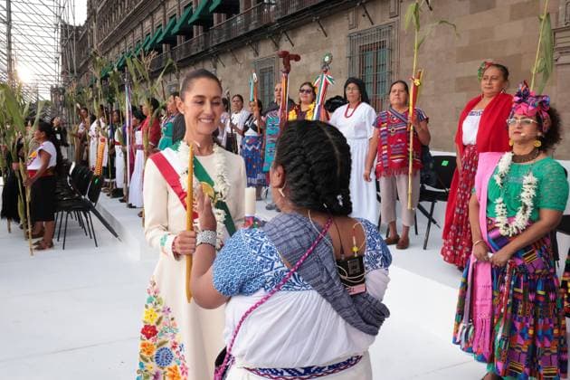 October 1, 2024, Mexico, Mexico, USA: President Claudia Sheinbaum speaks during a ceremony in which she received a ceremonial staff from indigenous people at the Zocalo Square in Mexico City on Tuesday, October 1, 2024, in Mexico City. PRESIDENCIA POOL PI Mexico USA - ZUMAp124 20241001_zaa_p124_044 Copyright: xPresidenciax