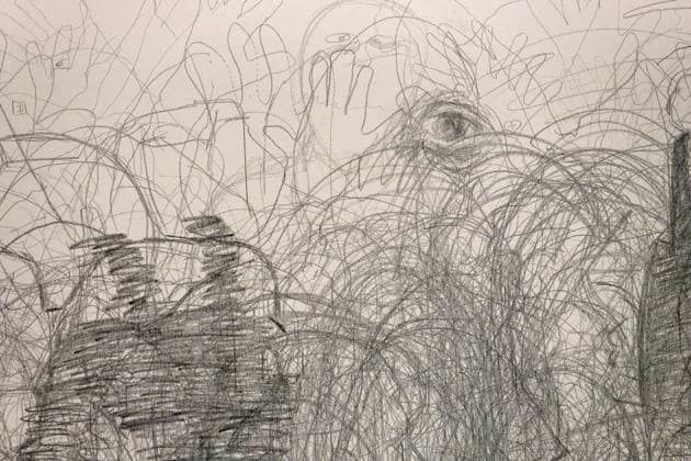 Solo exhibition Music of the Mind by Yoko Ono in Düsseldorf Shadow Peaces, a large canvas for interaction art on which visitors can live out their own artistic fantasies with pens The pens are provided in a container next to the canvas