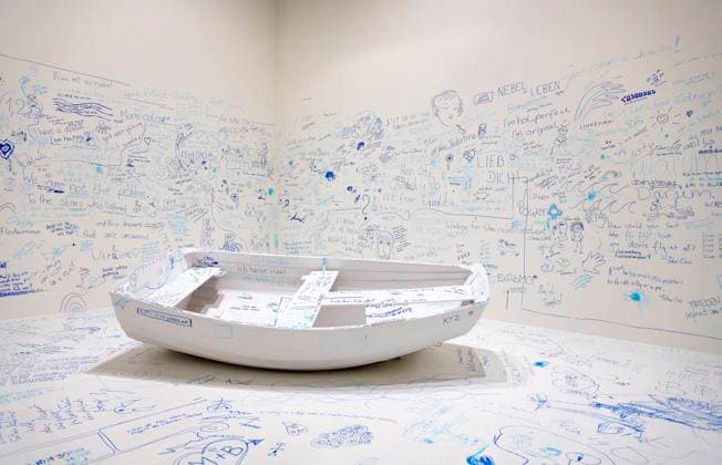 Solo exhibition Music of the Mind by Yoko Ono in Düsseldorf Add Color Refugee Boat Add Color Refugee Boat , a wooden boat, painted white, ju
