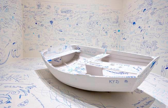 Solo exhibition Music of the Mind by Yoko Ono in Düsseldorf Add Color Refugee Boat Add Color Refugee Boat , a wooden boat, painted white, ju