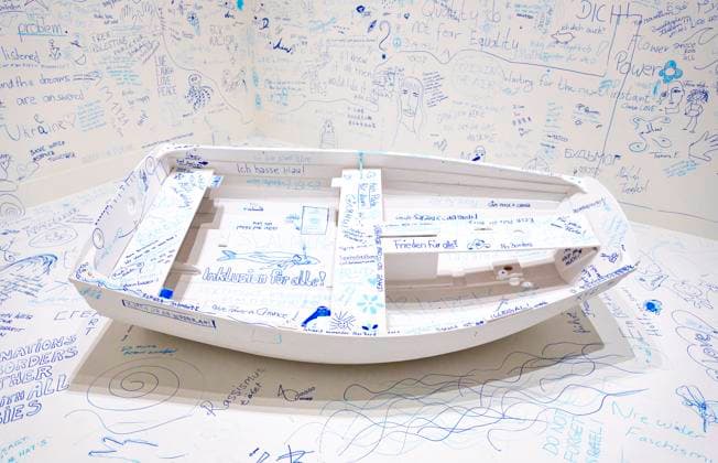 Solo exhibition Music of the Mind by Yoko Ono in Düsseldorf Add Color Refugee Boat Add Color Refugee Boat , a wooden boat, painted white, ju