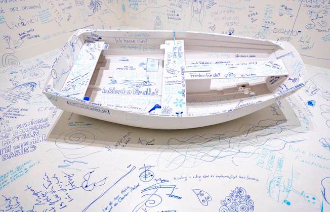 Solo exhibition Music of the Mind by Yoko Ono in Düsseldorf Add Color Refugee Boat Add Color Refugee Boat , a wooden boat, painted white, ju