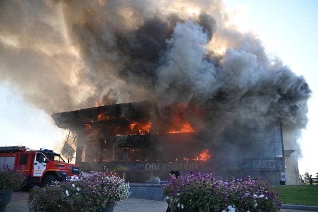 RUSSIA, KHABAROVSK - OCTOBER 3, 2024: First responders battle a fire broken out at the Khabarosvk Territory Music Theatre. Sergei Ivanov TASS  74626243