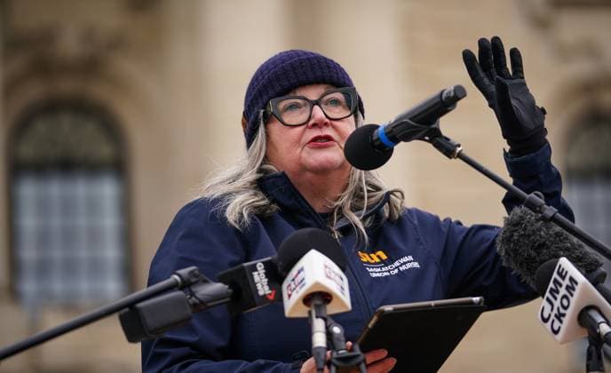 October 3, 2024, Regina, Sk, Canada: Saskatchewan Union of Nurses president Tracy Zambory speaks during a rally organized by Saskatchewan Union of Nurses outside of the Saskatchewan Legislative Building in Regina, on Thursday, October 3, 2024. Regina Canada  - ZUMAc35_ 20241003_zaf_c35_092 Copyright: xHeywoodxYux